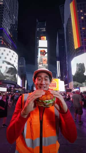 Man Grabs Burger from Digital Screen in a fake-out-of-home ad of Burger King
