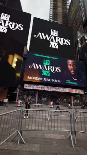 Helicopters Carry Trophy Over Times Square in a fake-out-of-home ad of BET