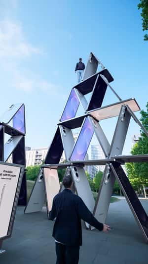 Smartphones Stacked Like House of Cards in a fake-out-of-home ad of Samsung