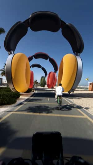 Bikers Race under Headphone Tunnel in a fake-out-of-home ad of Dyson