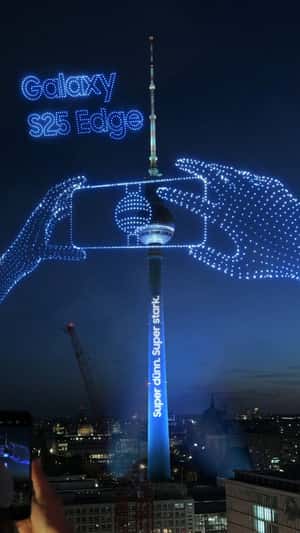 Drone Show Taking Photo of Tower in a fake-out-of-home ad of Samsung