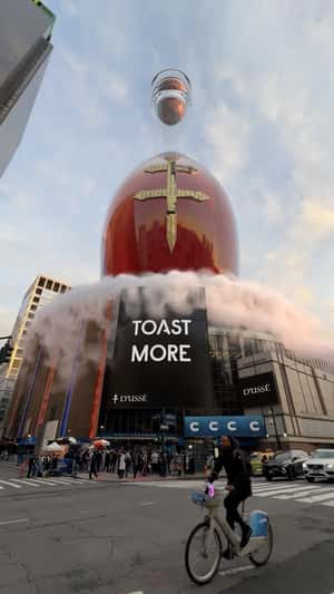Cognac Bottle Ascends at Arena in a fake-out-of-home ad of D’USSÉ