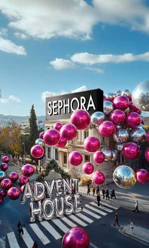 Pink and Silver Balloons Float on Street in a fake-out-of-home ad of Sephora