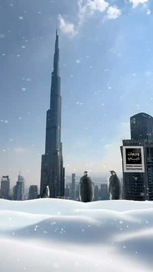 Penguins on Frozen Dam and Pool in a fake-out-of-home ad of BrandDubai