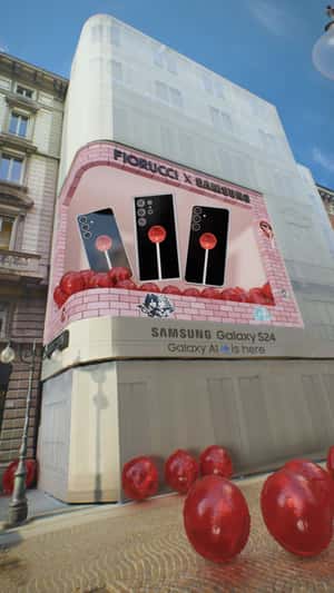 Lollipop and Phone Emerge on Digital Screen in a fake-out-of-home ad of Samsung
