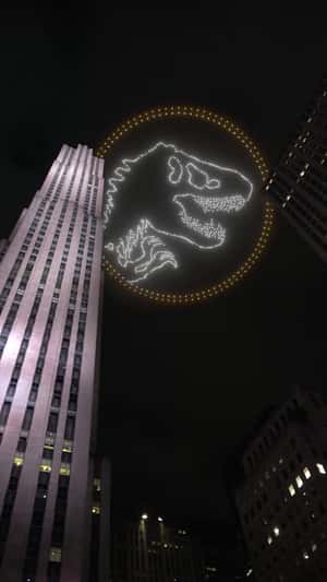 Flying Bird in Drone Light Show in a fake-out-of-home ad of Jurassic World