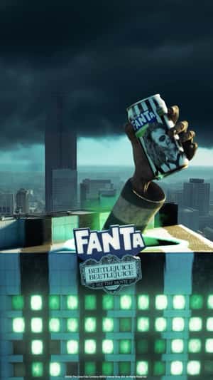 Flying Train on Skyscraper in a fake-out-of-hand of Fanta
