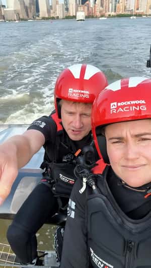 Statue of Liberty on Life Jacket in a fake-out-of-home ad of ROCKWOOL Racing