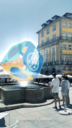 Hologram Cube on Fountain in a fake-out-of-home ad of FC Porto