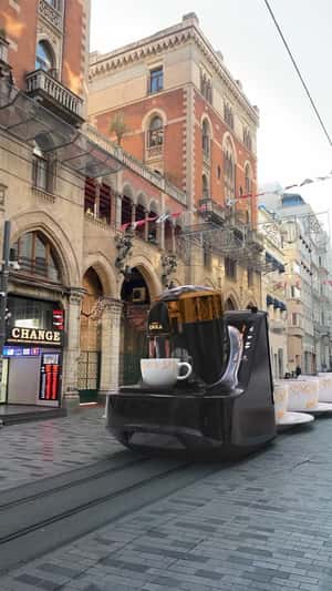 Coffee Maker Tram in Turkey in a fake-out-of-home ad of Arzum OKKA