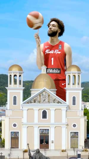 Giant Players Tossing Basketball in a fake-out-of-home ad of T-Mobile