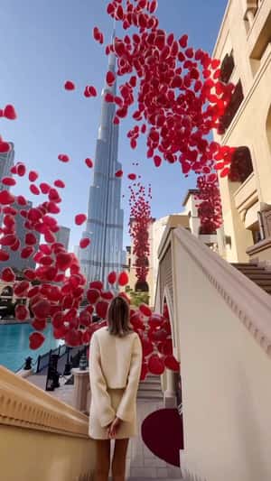 Heart Balloons Emerge from Windows in a fake-out-of-home ad of Burj Khalifa