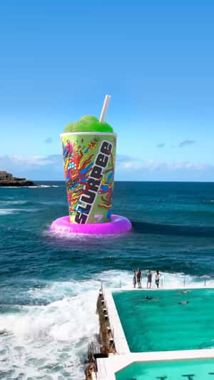 Slurpee Floats on an Inflatable Ring in a fake-out-of-home ad of 7-Eleven