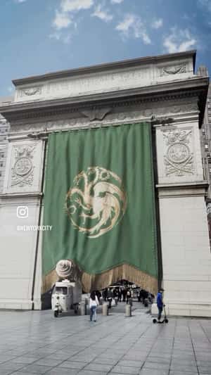 Banner Covers Washington Square Arch  in a fake-out-of-home ad of Game of Thrones