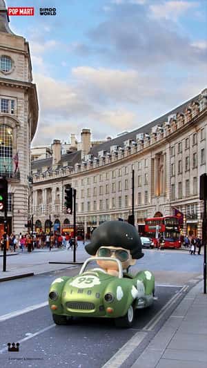 Character Drives on London Street in a fake-out-of-home ad of POP MART