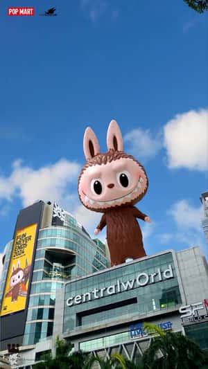 Labubu Leaping Above Shopping Center in a fake-out-of-home ad of POP MART