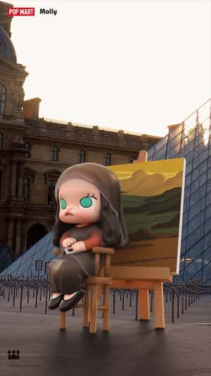 Character Takes Selfie at Louvre in a fake-out-of-home ad of POP MART