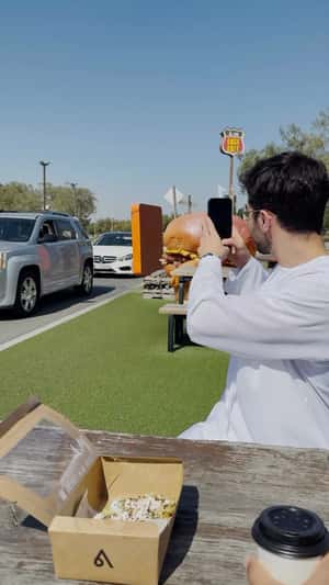 Burger Mascot Approaches Car in a fake-out-of-home-ad of Last Exit Dubai