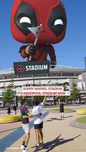 Deadpool Flashy Rising from Stadium in a fake-out-of-home ad of Marvel
