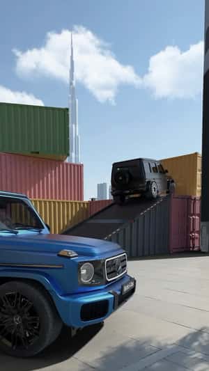 Off-road Cars Maneuvering on Ramps in a fake-out-of-home ad of Mercedes-Benz