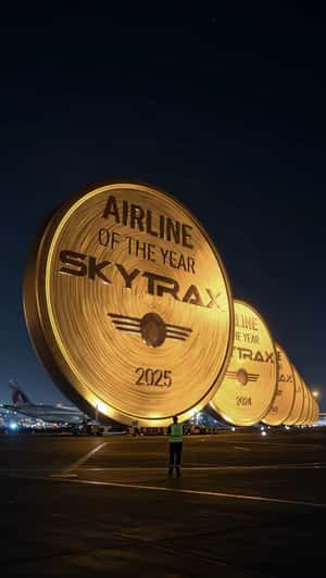 Airways Trophies Line Up on Tarmac in a fake-out-of-home ad of Qatar Airways