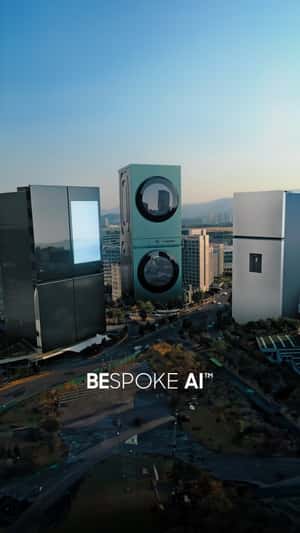 Appliances Rise Above the Skyline in-a-fake-out-of-home-ad of Samsung