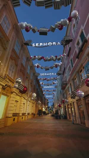 Gift Boxes Hangs Above Street in a fake-out-of-home ad of Sephora