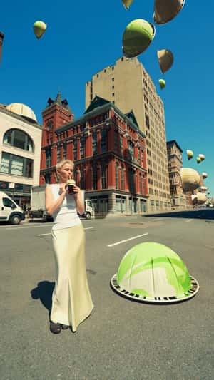 Coffee Pods Cruising Above the City in a fake-out-of-home ad of Nespresso