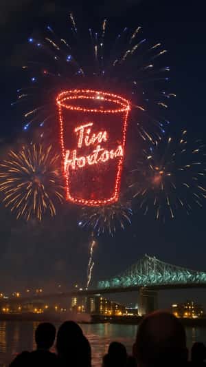 Coffee Cup Fireworks Display in a fake-out-of-home ad of Tim Hortons