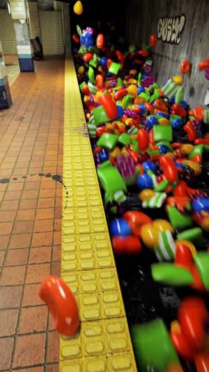 Candies Rushing on Subway in a fake-out-of-home ad of Candy Crash Saga