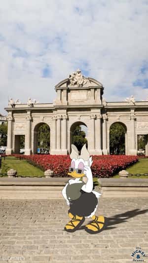 Daisy Duck Poses at Monument in a fake-out-of-home ad of Disney