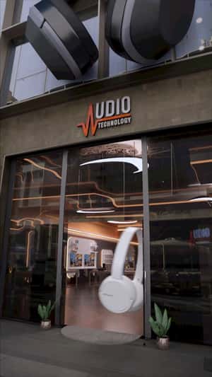 Headphones Exits Store in a fake-out-of-home ad of Audio Technology