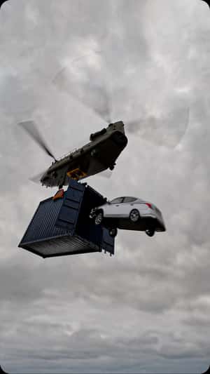 Car Jumps onto Boxship from Helicopter in a fake-out-of-home ad of Automax
