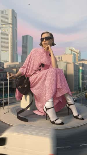 Giant Model Poses at Roundabout in a fake-out-of-home ad of Balenciaga