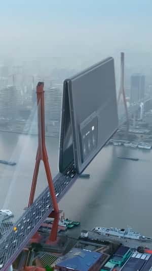 Flip Phone Covering Yangpu Bridge in fake-out-of-home ad of Honor
