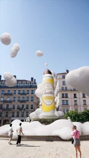 Bubbles Float from Shower Gel Fountain in a fake-out-of-home ad of Cavaillès