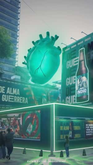 Green Heart Hologram Beats in a fake-out-of-home ad of Cerveza Indio