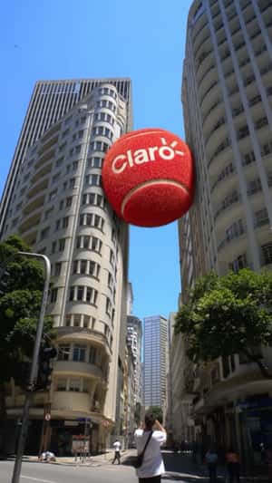 Red Tennis Ball Wedged Between Buildings in a fake-out-of-home ad of Claro