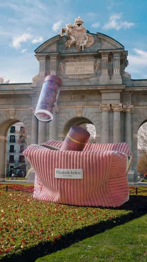 Skincare Products Drops on Bag in a fake-out-of-home ad of Elizabeth Arden 
