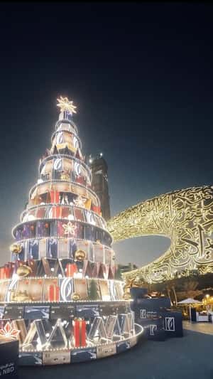 Christmas Tree Made of Credit Cards in a fake-out-of-home ad of Emirates NBD