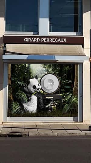 Panda Spotted at Window Display in a fake-out-of-home ad of Girard-Perregaux