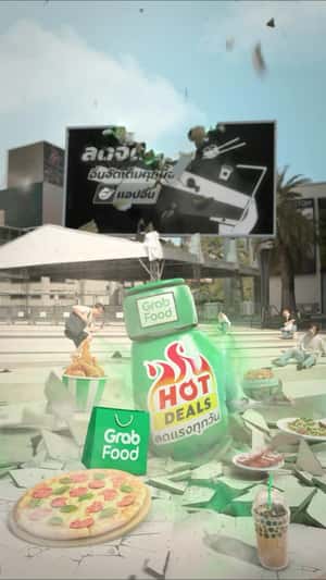 Sauce Bottle Crashes on Billboard in a fake-out-of-home ad of Grab