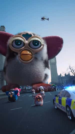 Furby Toys Invades the City in a fake-out-of-home ad of hey Dude