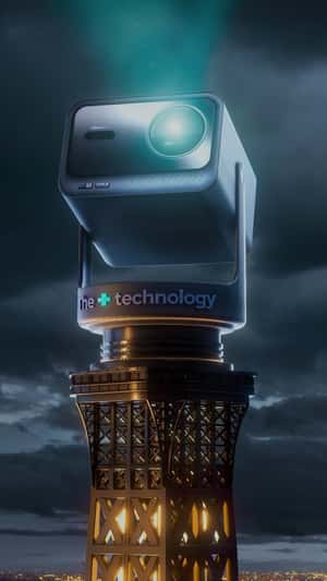 Projector on Eiffel Tower Beams Logo in a fake-out-of-home ad of Hisense