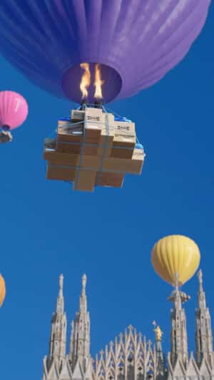 Boxes Delivered by Hot Air Balloons in a fake-out-of-home ad of IKEA