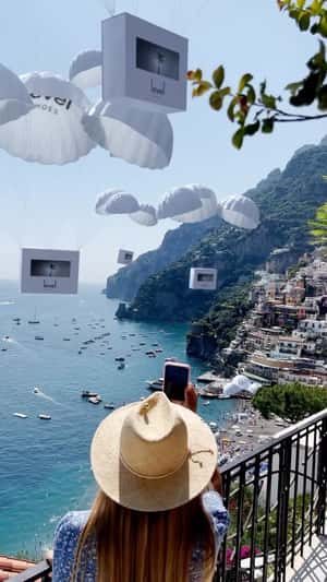 Parachutes Deliver Shoe Boxes in a fake-out-of-home ad Level Shoes