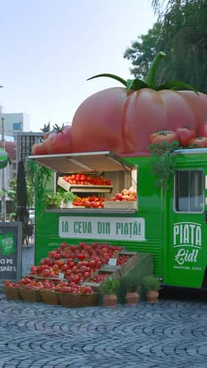 Tomatoes Display Above Food Truck in a fake-out-of-home ad of Lidl