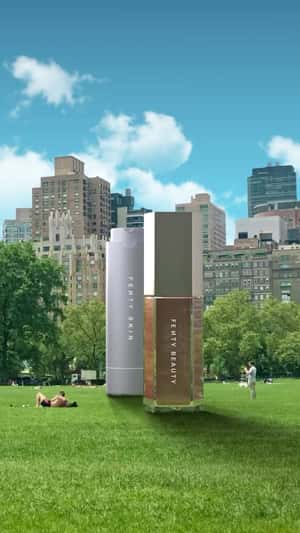 Products on Purple Balloons in fake-out-of-home ad of Fenty Beauty