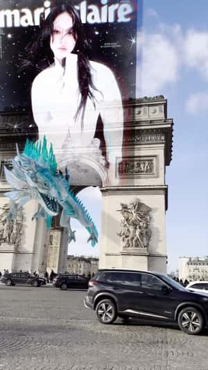 Dragon Flies at Arc de Triomphe in a fake-out-of-home ad of Marie Claire