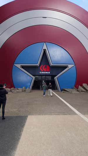 Captain America Shield-Themed Facade in a fake-out-of-home ad of CGR Cinémas
